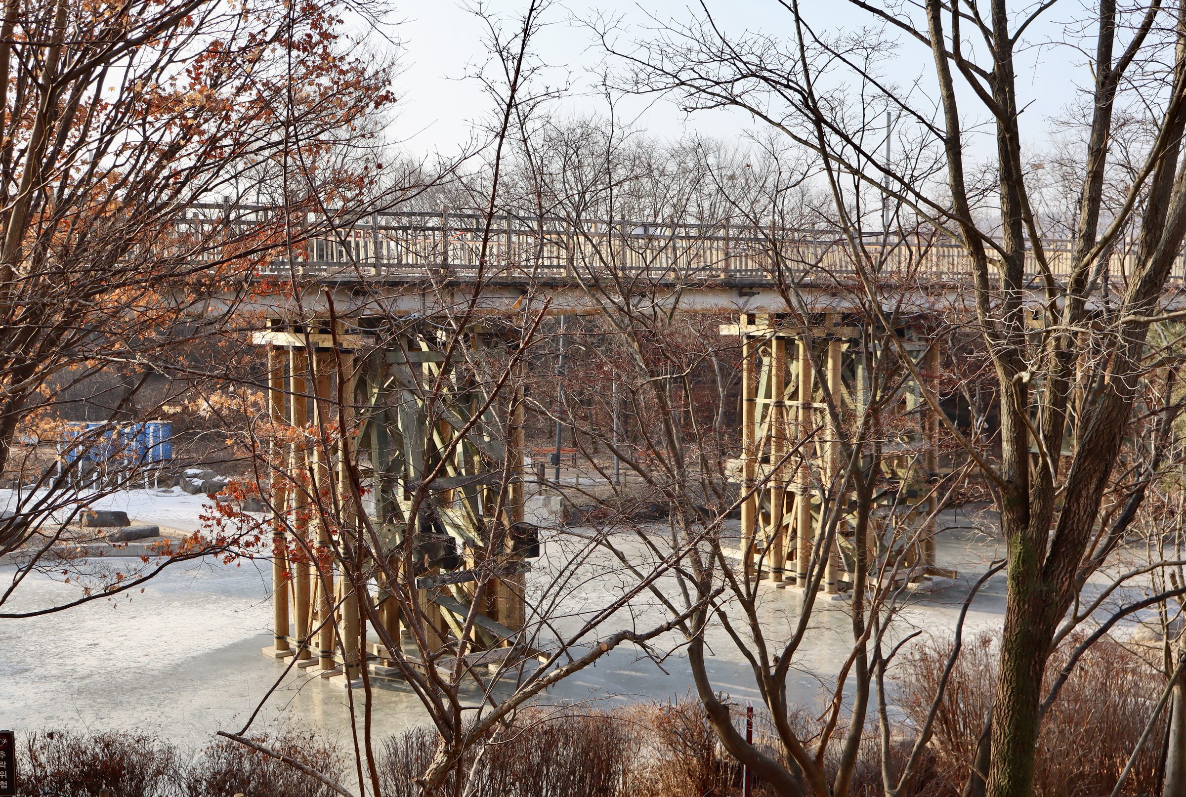 Frozen river, footbridge.