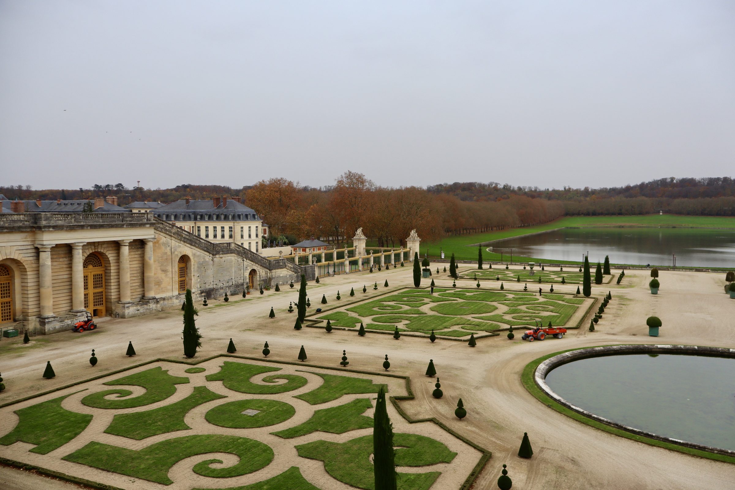 The formal parterre gardens at Versailles, viewed from above.